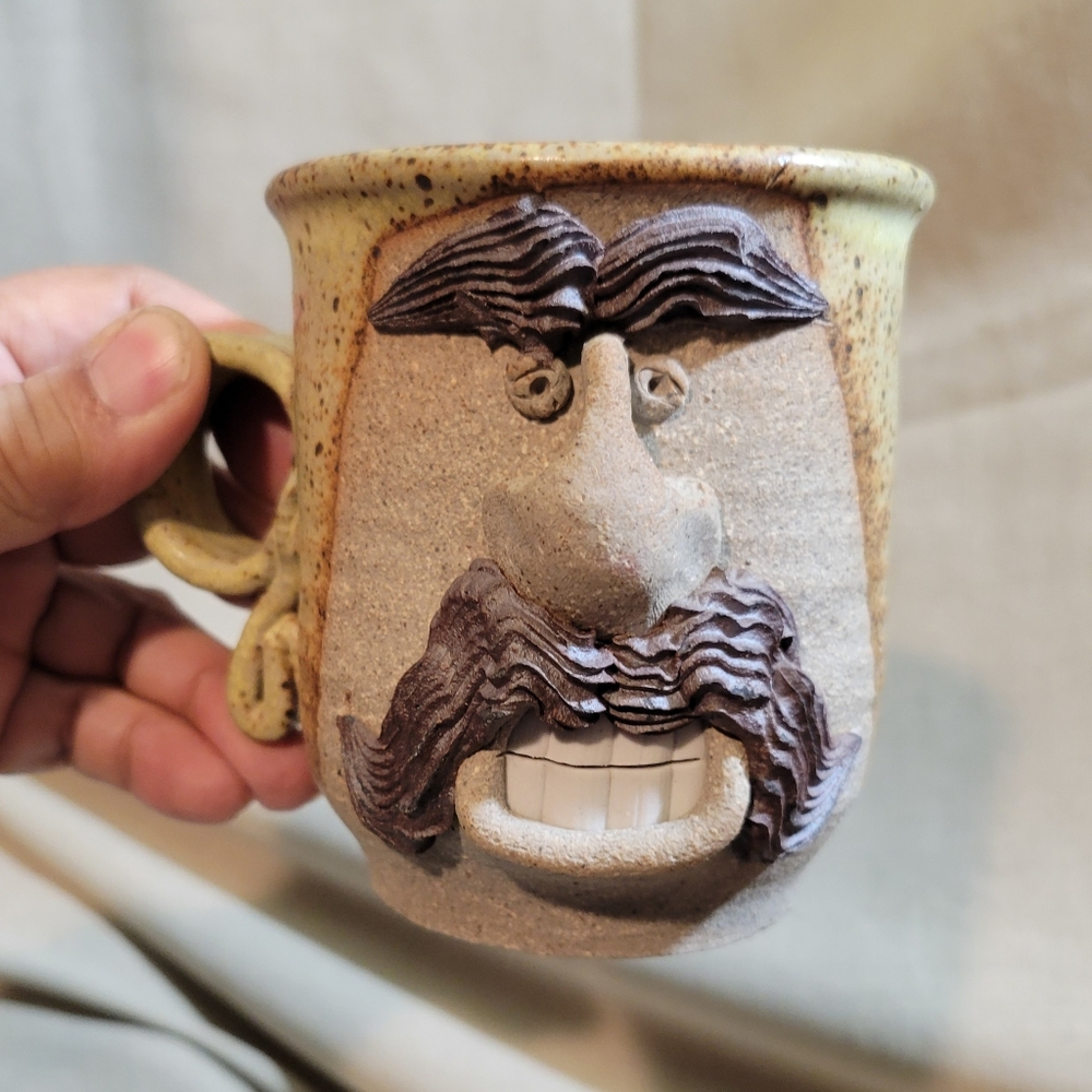 Vintage Hand Thrown Clay Art Pottery Ugly Face Mug Mustache